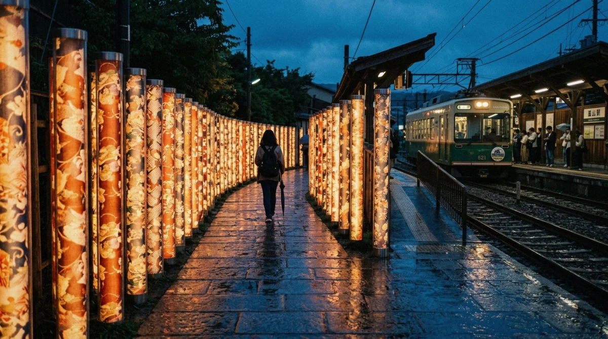 Illuminated Kyo-yuzen fabric pillars of the Kimono Forest glowing at dusk beside the Randen tram platform in Arashiyama, Kyoto