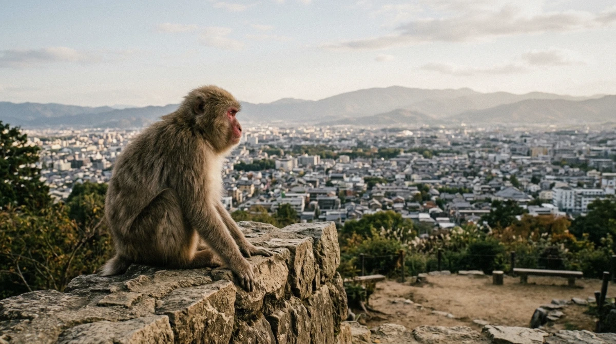 Japanese macaque sitting on the stone wall at the hilltop clearing of Arashiyama Monkey Park with Kyoto spread out below