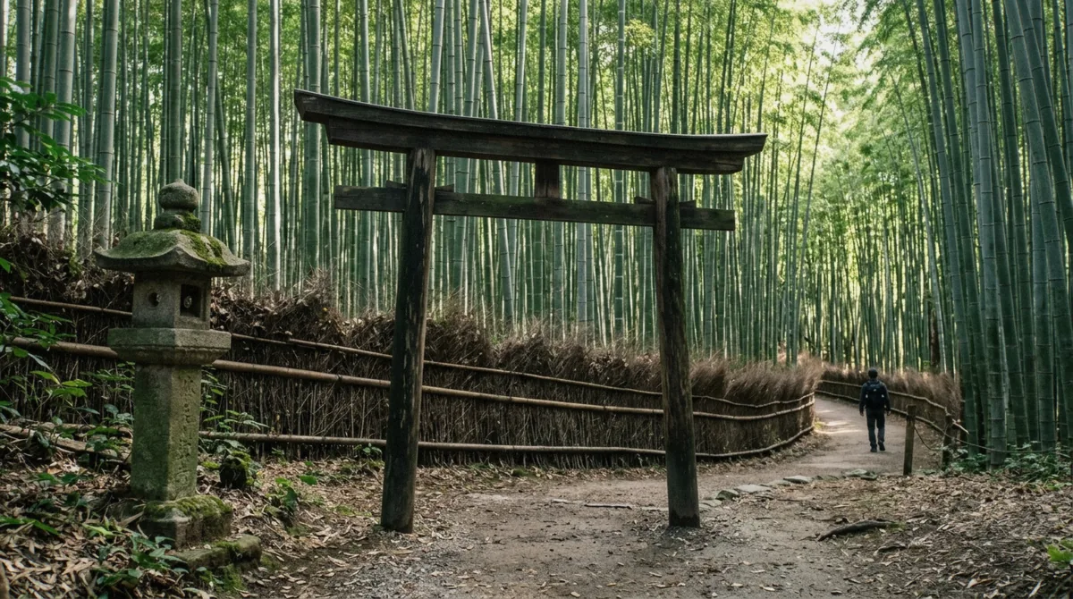 The black kuroki torii and brushwood fence of Nonomiya Shrine at the entrance to the Arashiyama Bamboo Forest in Kyoto