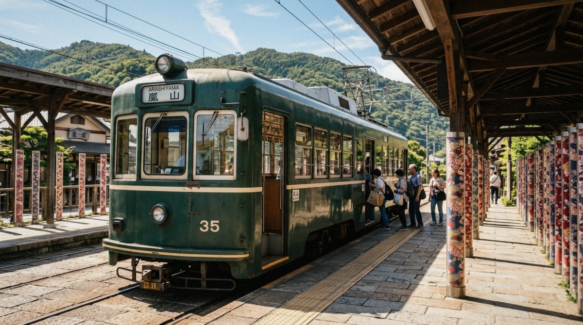 Randen tram at Arashiyama station on the north bank near Togetsukyo Bridge in Kyoto