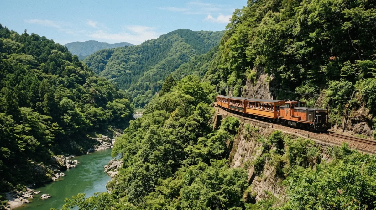 The Sagano Romantic Train running above the Hozugawa gorge, the usual way to reach the river boat ride near Arashiyama