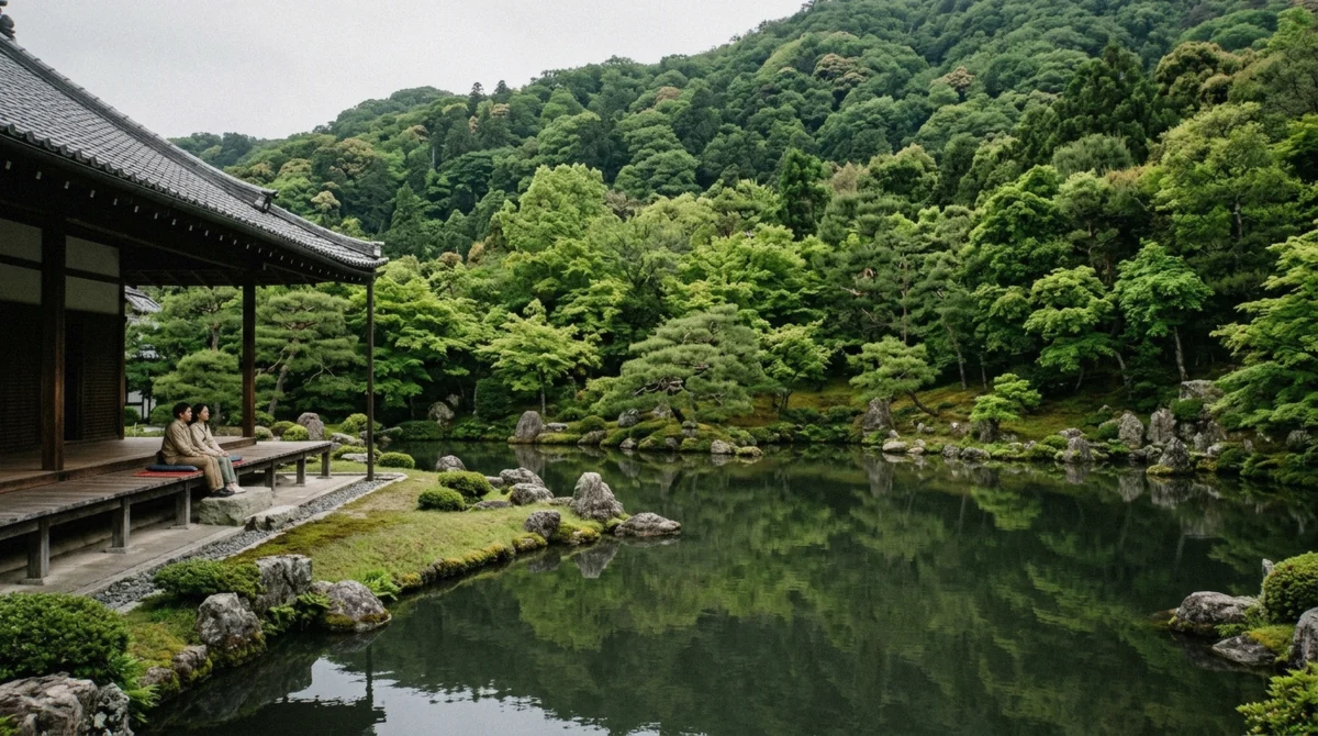 The Sogenchi pond garden at Tenryu-ji temple in Arashiyama, Kyoto, with the temple veranda and forested hills behind