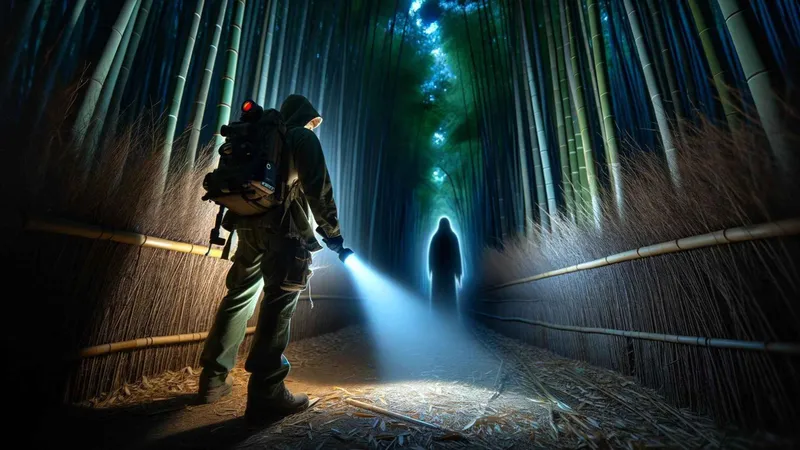 Guide with a torch on the dark path of the Arashiyama Bamboo Forest at night on a ghost tour in Kyoto, Japan